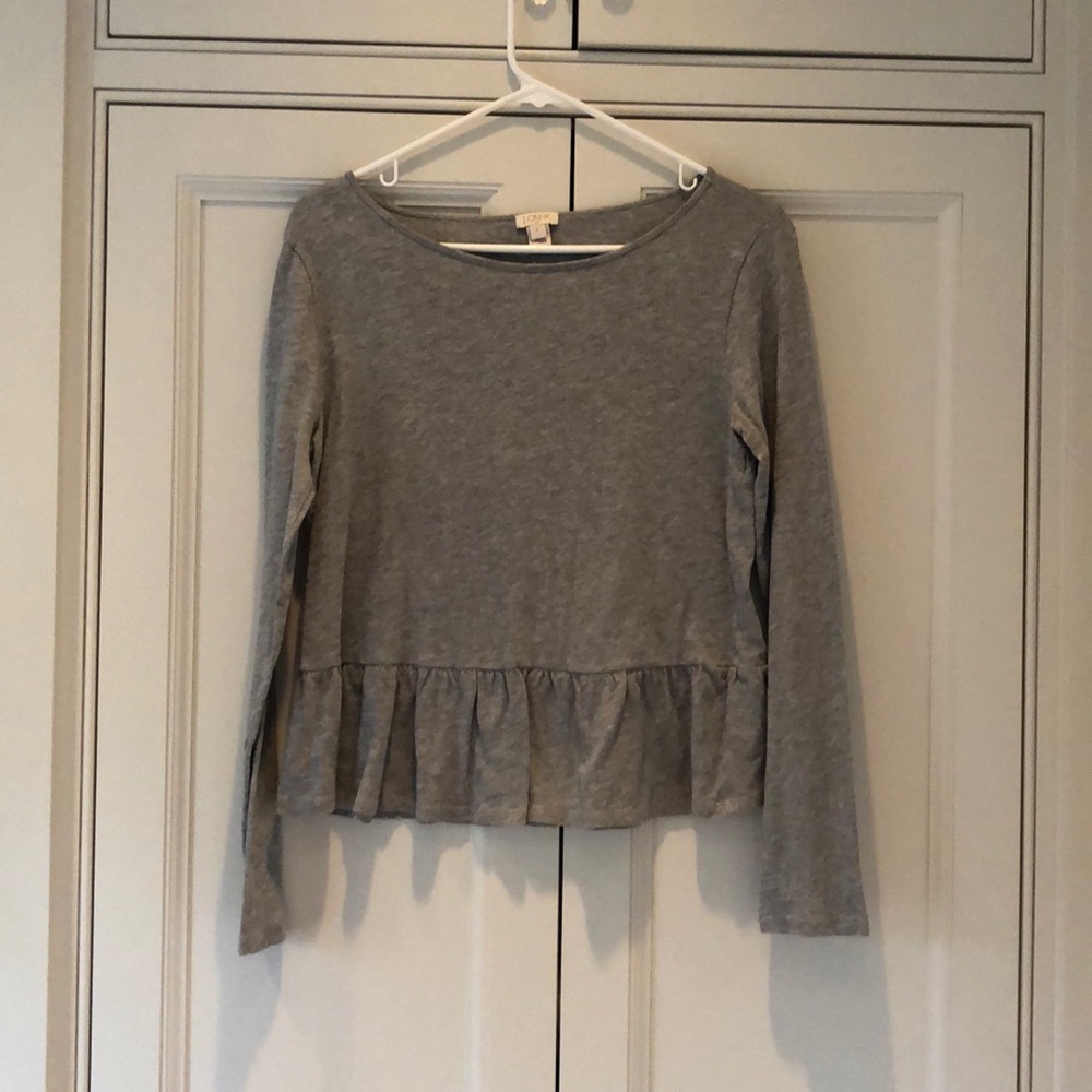 J Crew gray long sleeve tee with ruffle hem